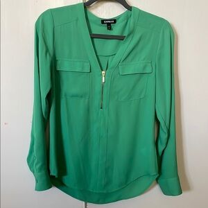Express Green Cuffed Sleeve Blouse with Mandarin Collar